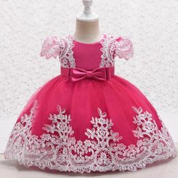 Girl Dresses Princess Flower For Wedding Pink Lace Tulle Puffy Sleeve With Bow Kids Birthday Party Pageant Dress Ball Gown