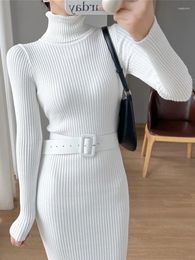 Casual Dresses White Knitted Dress Women Autumn Winter Slim Turtleneck Sweater Female French Elegant Long Sleeve With Belt