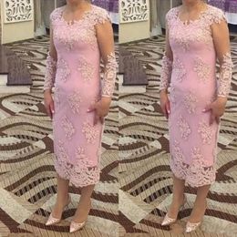 2019 Pink Formal Mother Of The Bride Dresses Long Sleeves Jewel Lace Applique Illusion Tea-Length Prom Party Evening Wedding Gowns216t