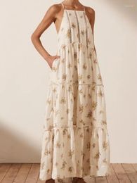 Casual Dresses 2024 Summer Woman High Quality Beach Style Cotton Linen Floral Printed Sleeveless Long Dress