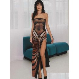 Basic Casual Dresses Weiyao Y Strapless Abstract 3D Printed Slim Long Dress Sleeveless Slit Bodycon Maxi Fashion Party Nightclub Outfi Dhgko