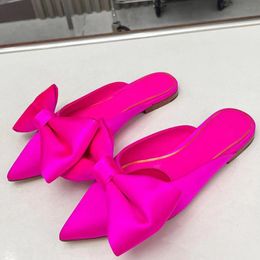 TOP Mules Roman Stud Flat With Women Pointed Toe Silk Slippers Runway Brand Designer Bow-Knot Lovely Style Female Outdoor Walking Half Slippers Ladies 69