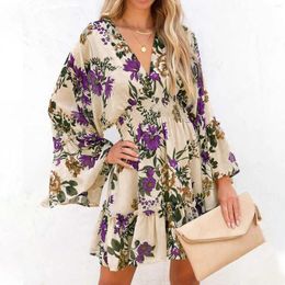 Casual Dresses Women 2024 V Neck Flared Long Sleeve Mini Dress Boho Floral Print Ruffles Short Beach Holiday Sundress
