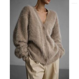 Women's Knits Soft Mink Hair Knit Cardigan European American 2024 Autumn Winter Women Sexy V-Neck Loose Long-Sleeve Sweater Coat