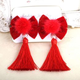 New Year's Festive Chinese Style Head wear Bow Children's Fur Ball Bells Hair Accessories Edge Clips