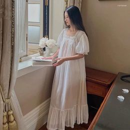 Women's Sleepwear Mesh Thin Long Nightdress Solid Short Sleeve Square Collar Ladies Nightgown Embroidery Sweet Princess Nightwear Female