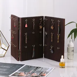 Jewelry Pouches Wood Earrings Ear Studs Necklace Display Rack Multifunctional Folding Screen Earring Stand Holder With 50pc Card