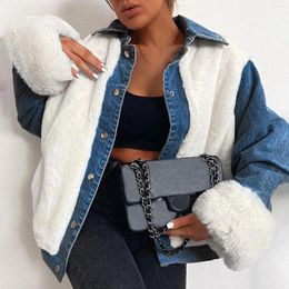 Women's Jackets Women Winter Warm Fuzzy Coat Patchwork Lapel Loose Denim Outwear Single Breasted Long Sleeve Soft Jacket Temperament