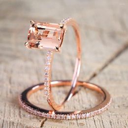 With Side Stones Female Square Ring Set Luxury Rose Gold Filled Crystal Zircon Wedding Band Promise Engagement Rings For Women Jewellery Gifts