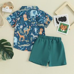 Clothing Sets 2Pcs Kids Toddler Baby Boy Summer Clothes Animal Print Short Sleeve Button Down Shirt With Bowtie Solid Colour Shorts Set