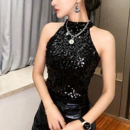 Sequins Women Fashion Shimmer Flashy Embellished High Quality Halter Neck Sleeveless Vest Sexy Tank Top Clubwear Stage Perform 240117