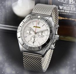 Sub dials working quartz fashion men watch stopwatch stainless steel mesh belt clock crystal mirror bracelet Super Bright calendar Silver Strap Watches Gifts