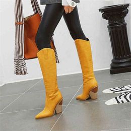 Boots Knee High Western Cowboy For Women Long Winter Pointed Toe Cowgirl Wedges Motorcycle Black Yellow 220901