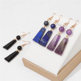 Dangle Earrings Natural Stone Trapezoid Shape Pendant Lapis Lazuli Amethyst Charm Gold Colour Drop For Women Jewellery