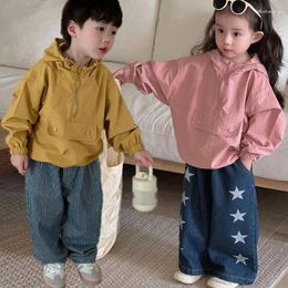 Jackets 2024 Spring Solid Children Hooded Windbreaker Loose Girl Baby Pullover Coat Fashion Kids Boys Casual Jacket Shirt Toddler Tops