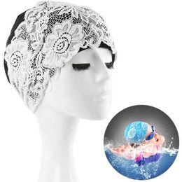 Swimming Caps Fashion Elastic Swimming Cap Women Lace Flower Swimming Hat PU Waterproof Bathing Surfing Cap for Long Short Hair YQ240119