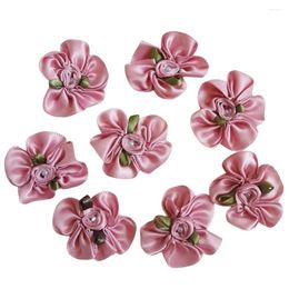 Decorative Flowers 30pcs Dusty Pink Satin Ribbon Flower Bows Pearl Rose Artificial Appliques Fabric Wedding Sewing Craft Handmade Gift