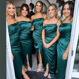 2024 Turquoise Bridesmaid Dresses Mermaid One Shoulder Spaghetti Straps Satin Floor Length Front Slit Custom Made Plus Size Maid of Honour Gowns Vestidos Wedding