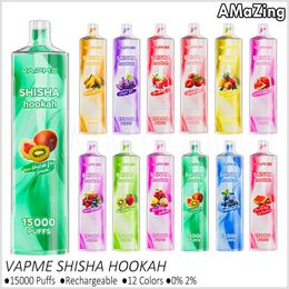 VAPME Shisha Hookah 15000 Puffs Disposable Vape Pen 15k Puffs Rechargeable E Cigarettes Vaporizers 25ml Pre-filled Pod 12 Colors 0% 2% Vaper