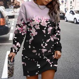 Casual Dresses Mini Dress Long Sleeve Flower Print Sweartshirt For Women Warm Cosy Pullover With Elastic Cuff Mid Length Fall