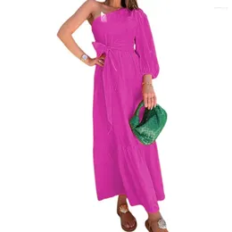 Casual Dresses Women Linen Dress High Waist Design Chic One-shoulder Maxi With Puff Sleeves Waists Ruffle For Spring