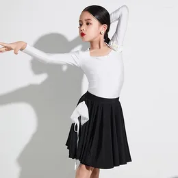 Stage Wear Girls Latin Dance Clothes White Tops Black Skirt Practise Kids Rumba Ballroom Performance Costume Suit DNV19160