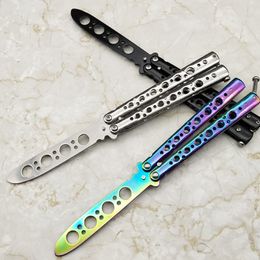 No Edge Butterfly Training Knife Titanium Rainbow Color 3Cr13Mov Stainless Steel Butterfly Practice Knife Knives Dull Tool