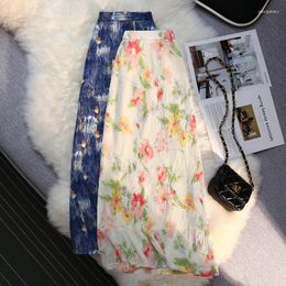 Skirts Limiguyue Chic White Floral Print Skirt Summer Gentle Women A-Line High Waist Fashion Blue Oil Painting Jupe Longue K1959