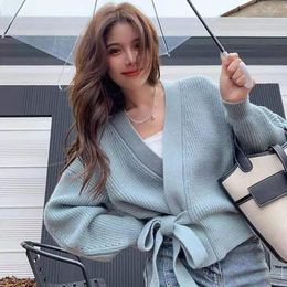 Women's Knits Lace-up Long Sleeve Cardigans Women Tender Lazy Korean Style Ins Chic Knitted Sweaters Autumn Fashion Young College Girls Soft