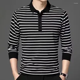 Men's Polos Spring And Autumn Long Sleeve T-shirt With Polo Collar Black White Stripes Top Youth Casual Male Comfortable Shirt