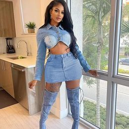 Work Dresses Streetwear Denim 2 Piece Skirt Set For Women Y2K Clothing Long Sleeve Crop Top And Mini Skirts Birthday Night Club Outfits