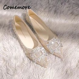 Comemore Champagne Colour Flat Shoes Female Pointed Autumn Summer Silver Low Heel Rhinestone Wedding Bridal Shoe Pumps 240119