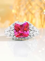 Cluster Rings Artificial Rose Red Sapphire Ring For Women 925 Silver High Carbon Diamond Princess Style