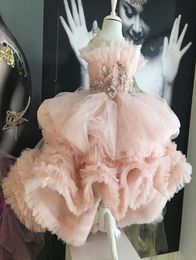 2021 Pink Stylish Luxurious Flower Girl Dresses Ball Gown Lace Beaded Tiers Tulle Lilttle Kids Birthday Pageant Weddding Gowns ZJ66849258