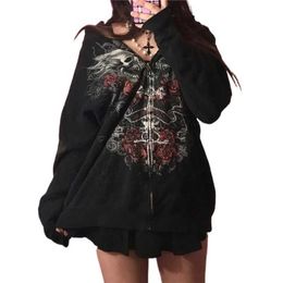 Women's Blouses Shirts Gothic Sweatshirt Women 2000s Fairy Grunge Skull Print Long Sleeve Hooded Tops y2k Aesthetic Hoodie Oversize Clothes Streetwear YQ240120