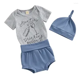 Clothing Sets Born Baby Boy Girl Summer Clothes Short Sleeve Auntie S Drinking Buddy Top Solid Color Bloomer Shorts Hat Infant