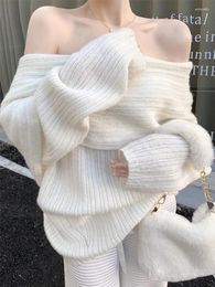 Women's Sweaters White Knitted Sweater Women Autumn Sexy Slash Neck Off Shoulder Pullover Female Korean Fashion Elegant Casual Loose