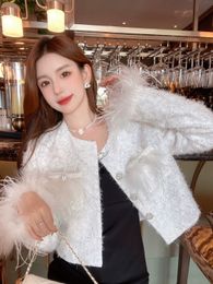 Women's spring new tweed Woollen paillette sequined ostrich fur cuff long sleeve short jackets SMLXL