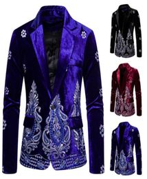 2019 Men Autumn Winter Retro Burgundy Velvet Floral Pattern Suit Jacket Slim Fit Blazer Designs Stage Costumes For Singers5681988