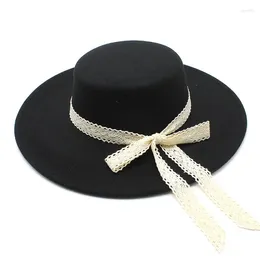 Berets Retro Elegant Solid Colour Wedding Hat Woollen Flat Top Shopping Leisure Fashion Bowtie Ribbon Decoration Felt