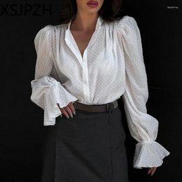 Women's Blouses White Puff Sleeve Perspective Office Ladies Ruched Strand Collar Tops Chiffon Elegant Women Jacquard Shirts Versatile