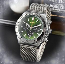 Crime Premium Mens Day Date Stopwatch Watch Quartz Movement Male Time Clock Six Pins Full Stainles Steel Mesh Silver Strap Calendar Sapphire Glass Wristwatch Gifts
