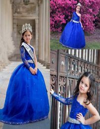 2017 Girls Pageant Dresses One Shoulder Long Sleeves Lace Appliques Crystal Beaded Kids Flower Girls Dress Ball Gown Cheap Birthda5589264