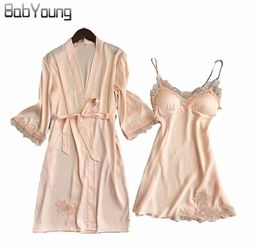 BabYoung 2018 Autumn Women Silk Bathrobe Pajamas Sexy Long Sleeve Robes Set Camisole Lace Night Sleep Dress Skirt Home Wear Pink2250712