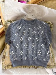 Women's Sweaters 2024 Spring Short Sleeved Heavy-duty Sequin Embroidery French Retro Fashionable And Western-style Knitted Sweater