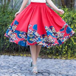 Skirts 2024 Summer Female Skirt Oriental Print Floral Dress Elastic Waist A-Line Cotton Linen Retro Pleated Midi TA1212