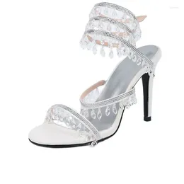 Sandals Sweet Women Summer One Line Serpentine Wrap Pumps High Heels Crystal Pendant Slender Shoes Elegant Ladies Banquet