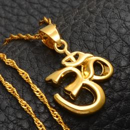 African Symbol Small Yoga Charm 14k Yellow Gold Necklace Pendant for Women Girl,Indian Hindoo Hindu Buddhist OM India Religion