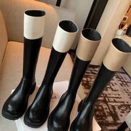 Сапоги Модельные туфли с блокировкой цветов, модные женские кавалерийские ботинки с круглым носком и толстой подошвой, средней длины, тонкие кавалерийские ботинки 221013