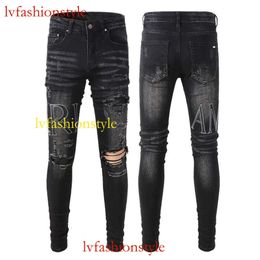 Off AMR 844 European and American Street Trendy Hole Letter Embroidery High Street Trendy Slim Fit Short Leggings Jeans